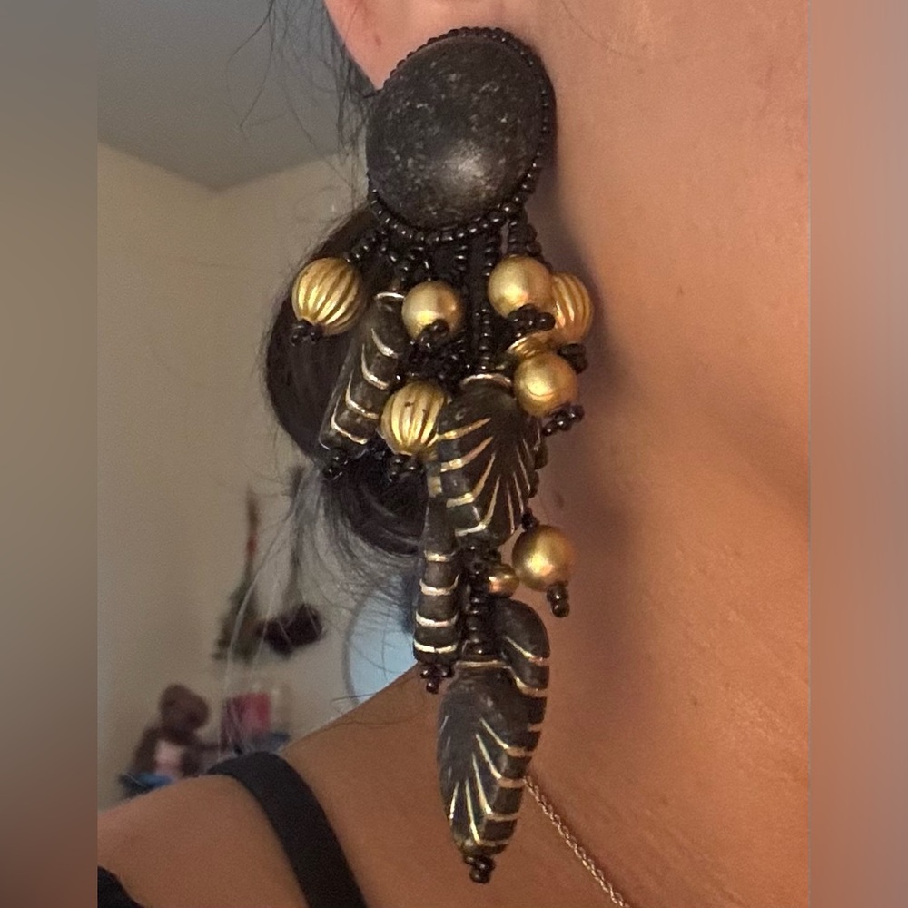Wooden Elegant Black and Gold Beaded Earrings